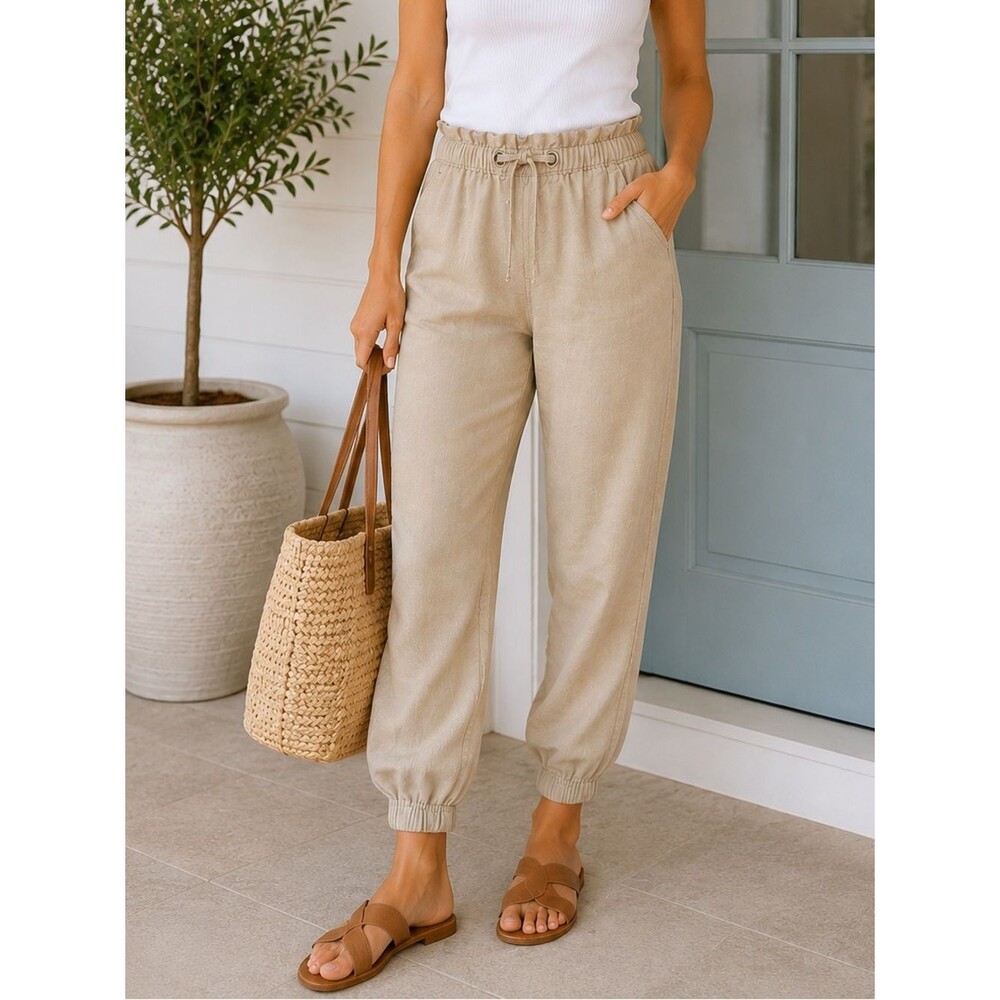 Sanctuary Linen Blend Jogger Pants S Beige Pull On Relaxed Coastal Travel Casual
